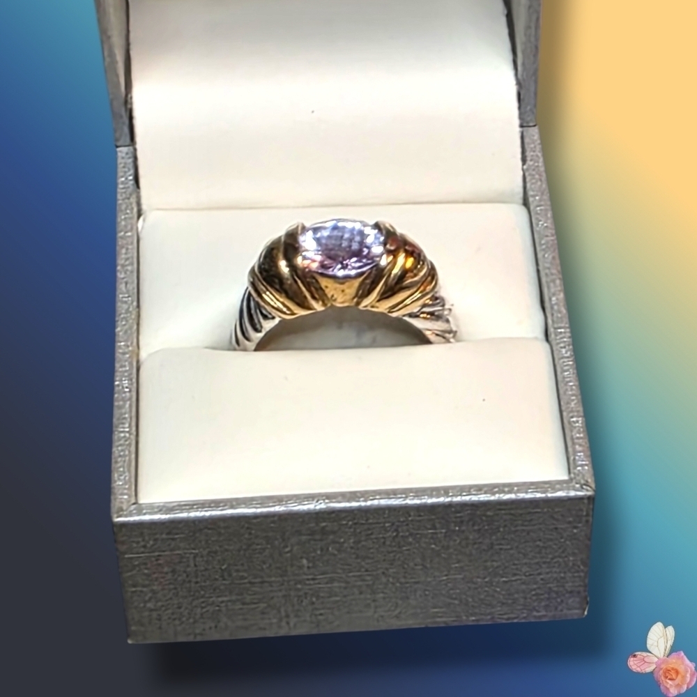 Vintage Savoy Sculptural Ring Purple Stone Silver Gold Tone Size 9 560